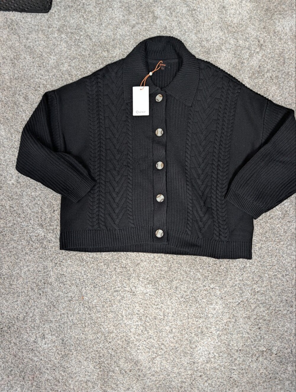 Quince NWT 100% Merino Wool Classic Black Cable-Knit Button-Up Sweater Large - Picture 2 of 9